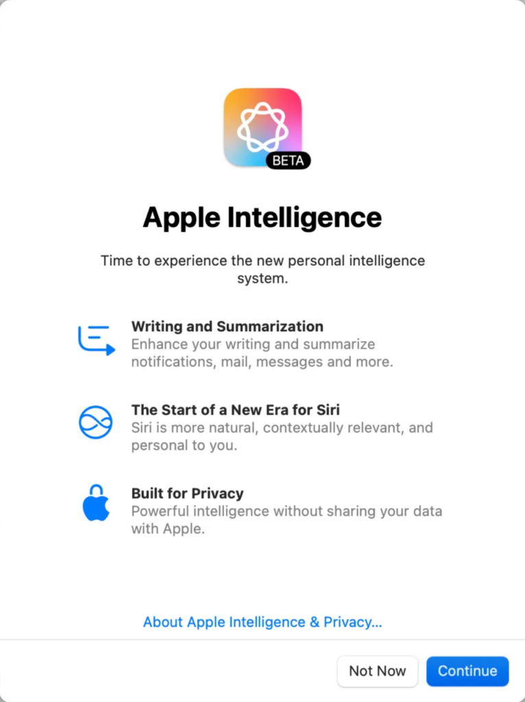 La popup de configuration Apple Intelligence