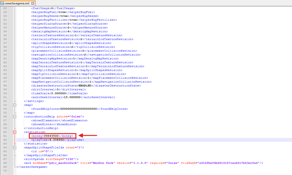 Extrait du fichier CarreerSavegame.xml pour avoir de l'argent illimité sur Farming Simulator 25