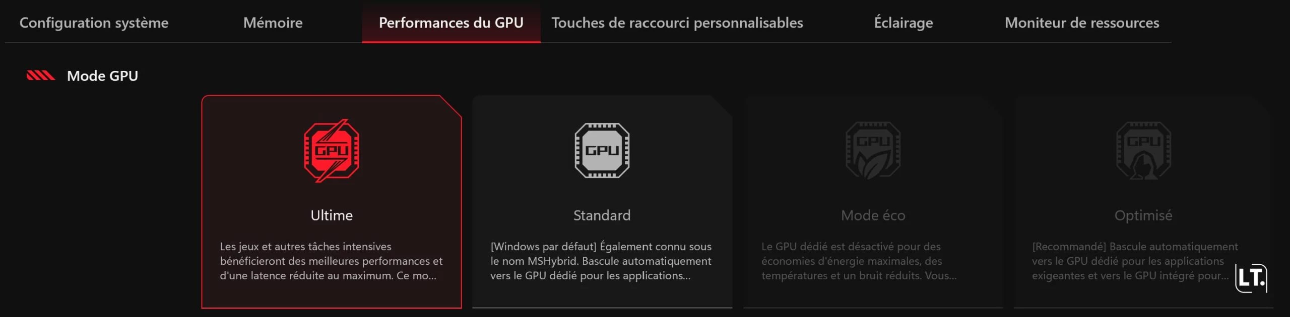 Armoury Crate configuration du mode de GPU