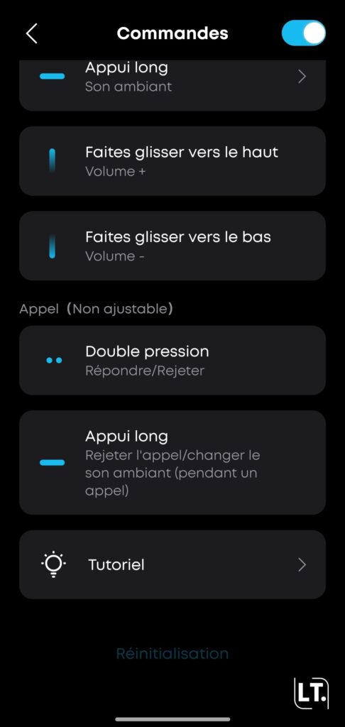 Application Soundcore suite des commandes disponibles