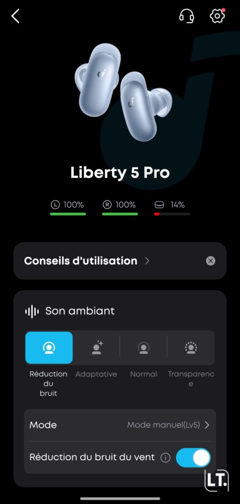 Application Soundcore menu d'accueil
